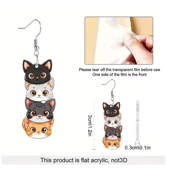 Stacked Cartoon Overlaid Cats Acrylic Earrings Dangle - Picture 4 of 4